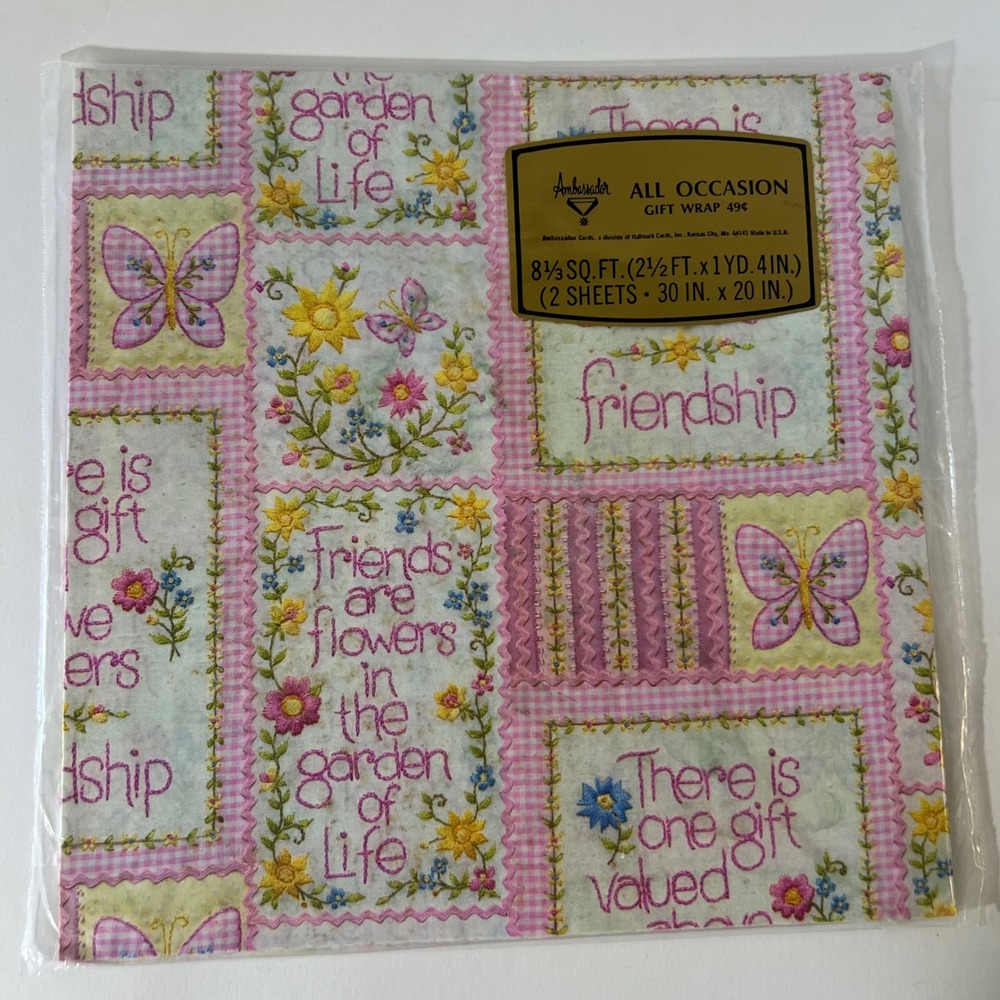 Vintage MCM Ambassador Floral Friendship Gift Wrap 2 Sheets 30x20 Pink Gingham